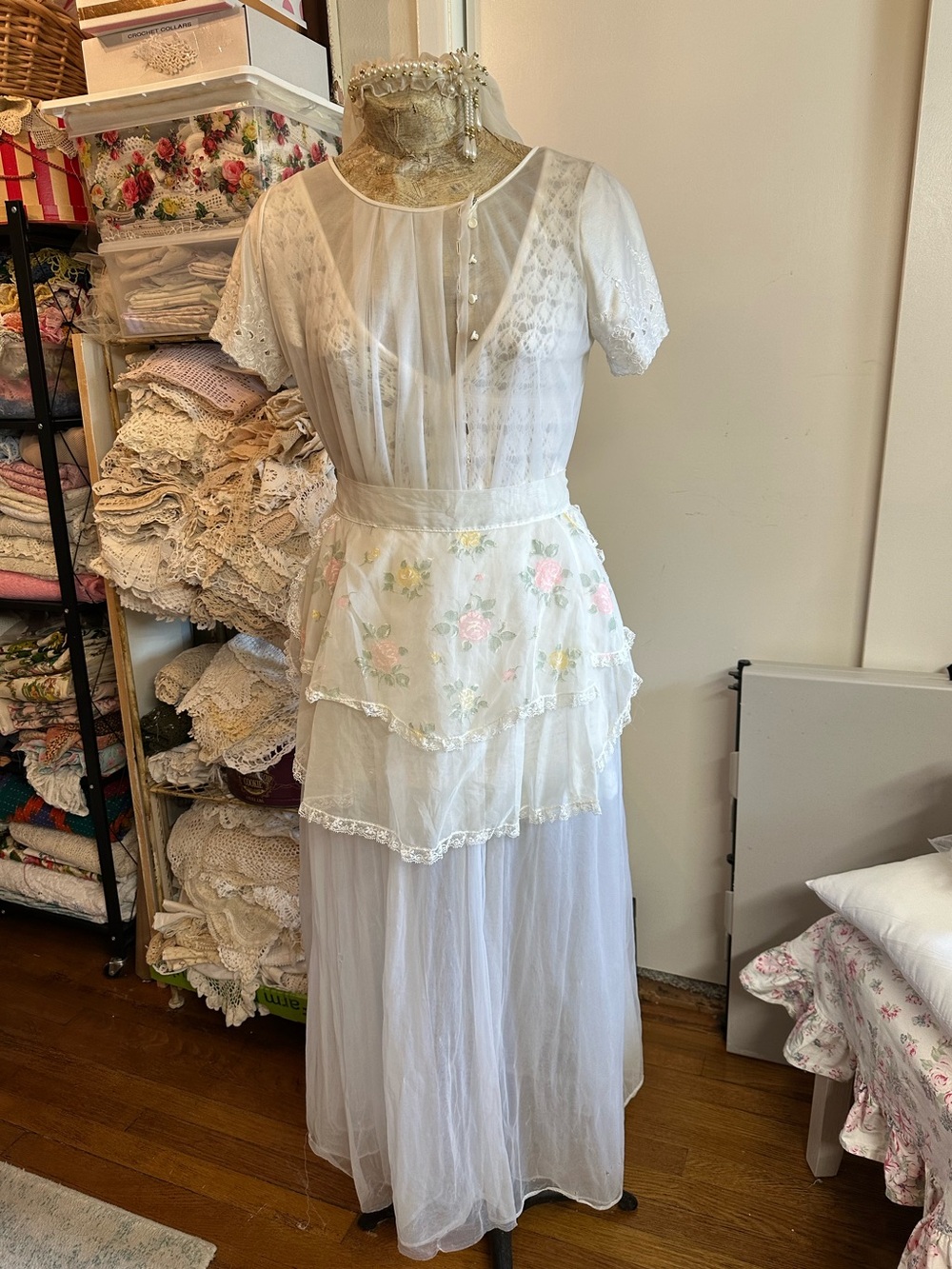 Vintage White Sheer Layered wedding robe and veil with Floral Embroidered Apron